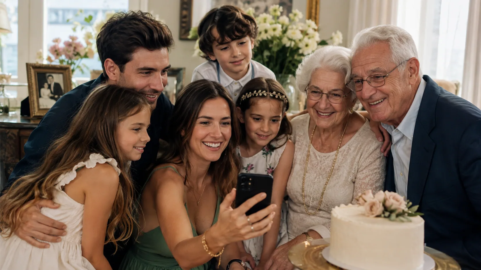 A family gathers to record a heartfelt anniversary message