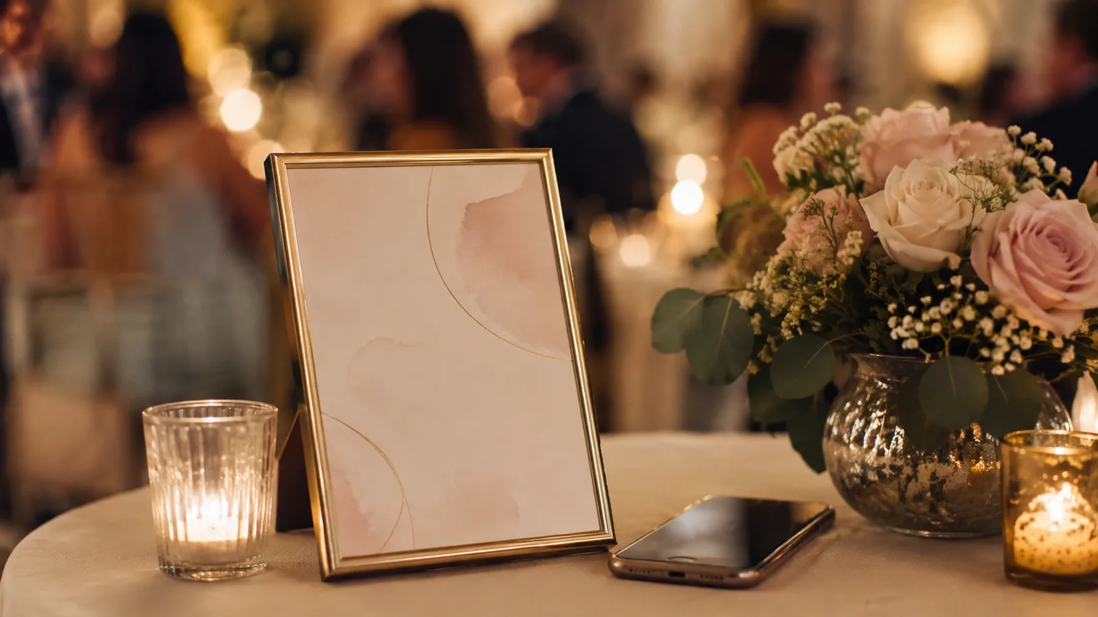 A simple wedding invite sign beside a phone and flowers