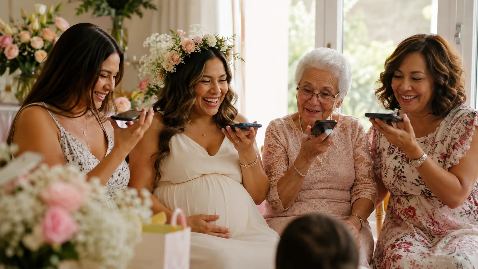Baby shower guests leaving voice messages together