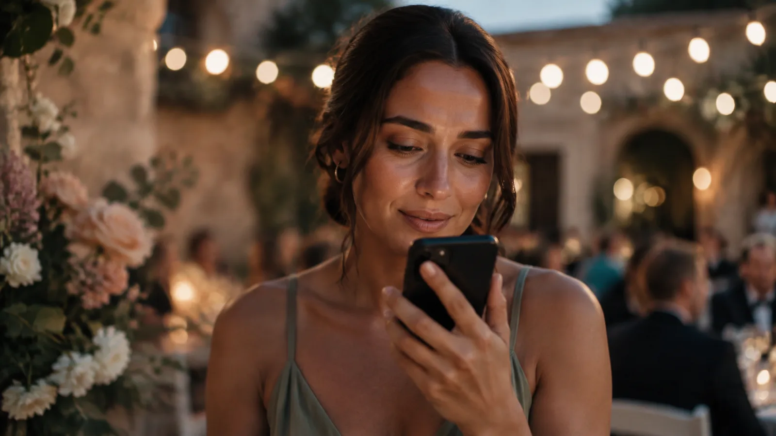 A wedding guest making a personal phone-recorded message