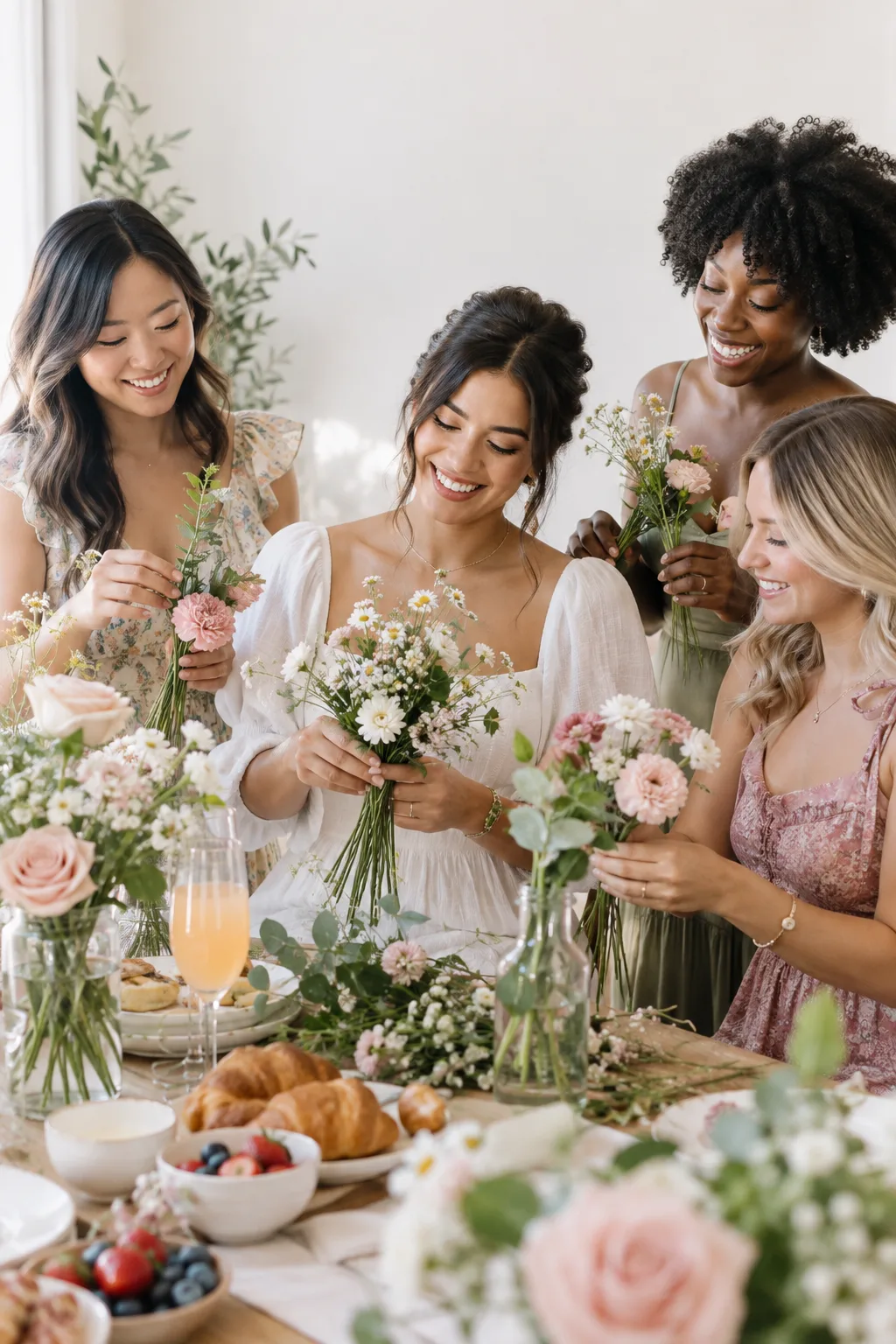Friends arrange flowers together at a bright bridal shower