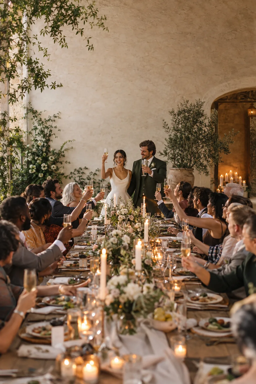 An intimate wedding dinner with one long table and a joyful toast
