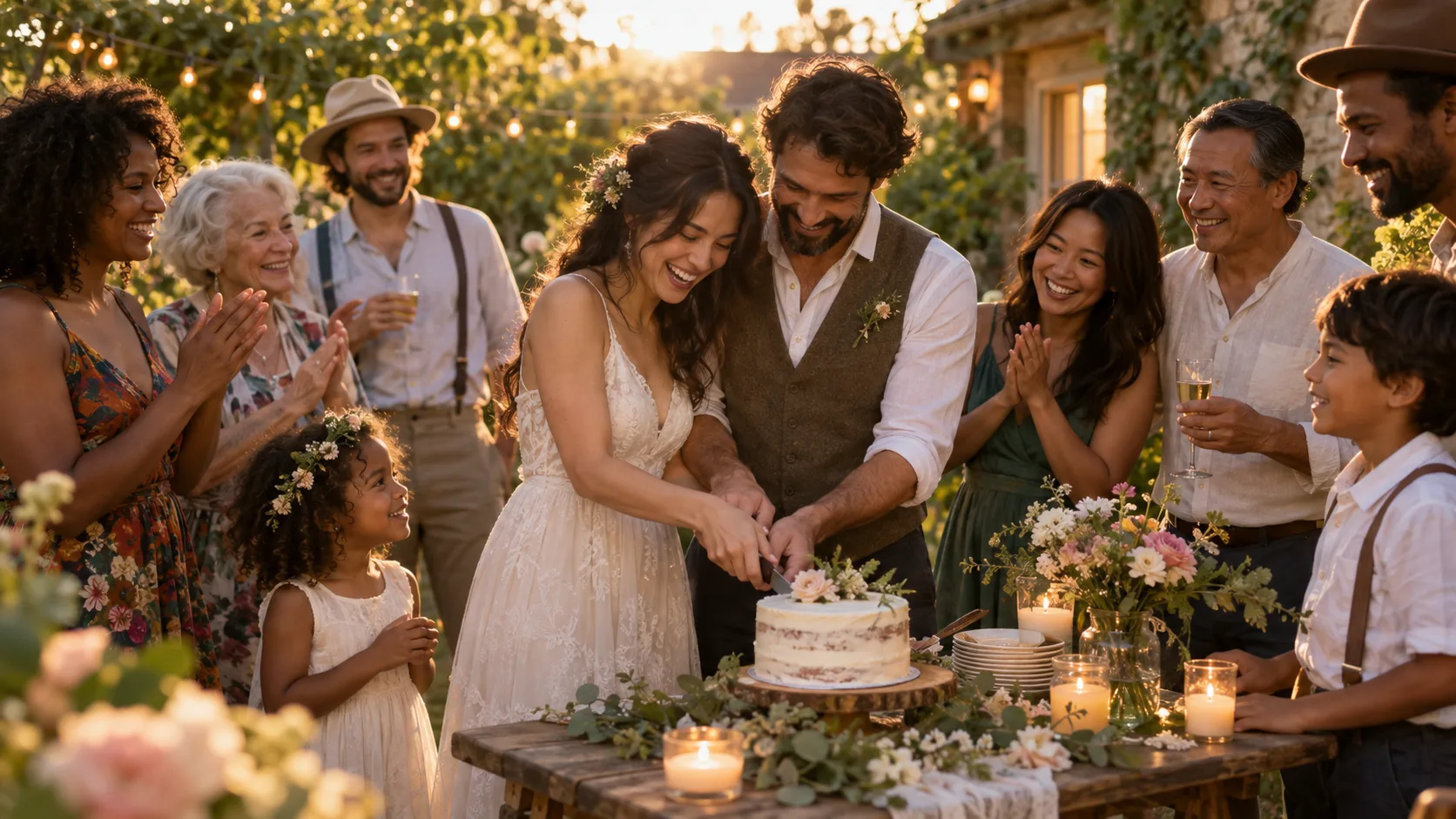 A couple celebrates an anniversary with family and friends
