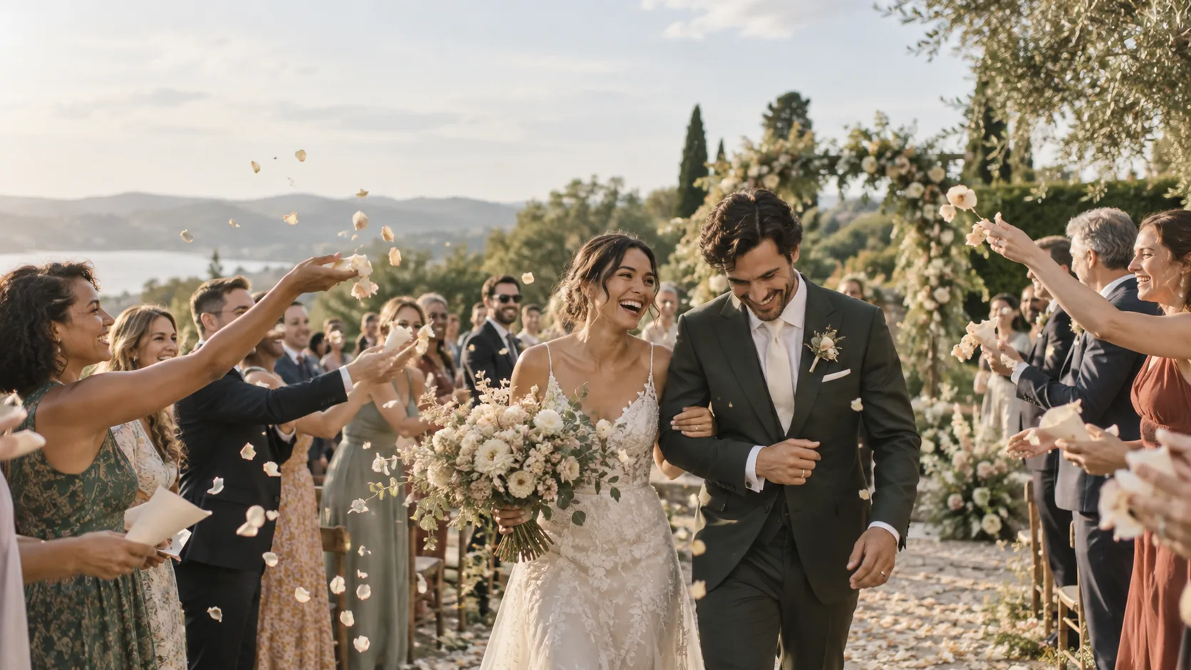 A newlywed couple walks through a petal-filled ceremony exit