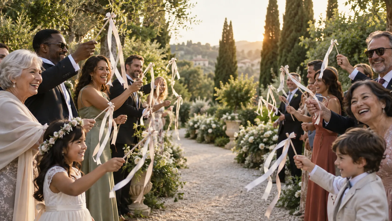 Guests hold ribbon wands along a garden ceremony exit