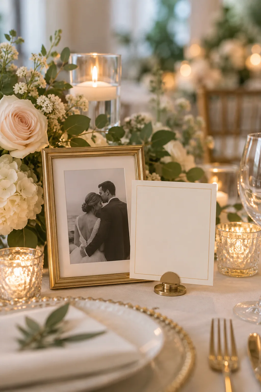 A framed wedding-photo table number concept beside flowers and candles