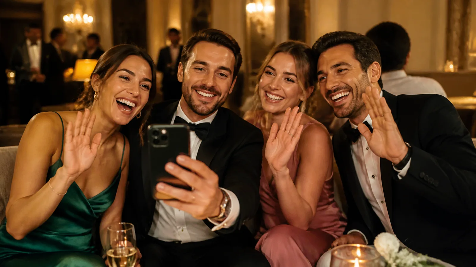 Friends recording a joyful wedding message together