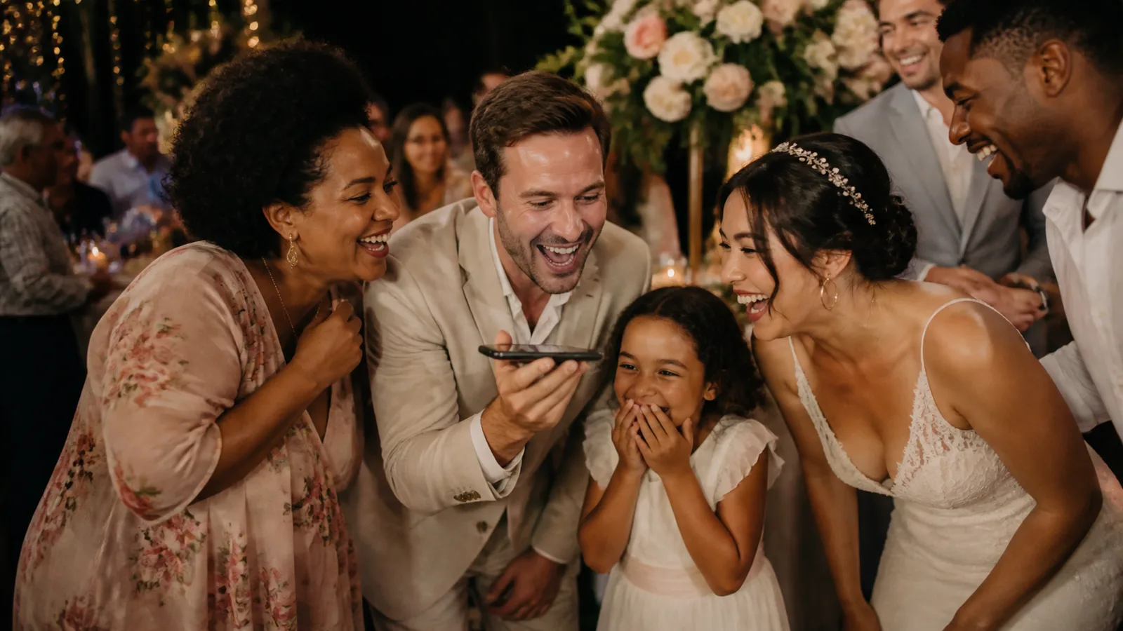 A family group leaving a joyful voice message