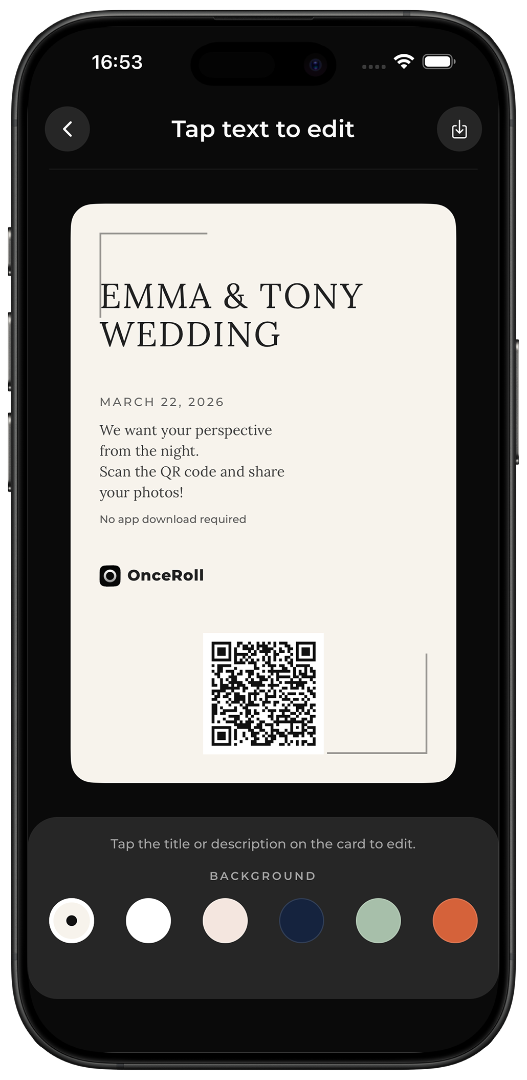 OnceRoll guestbook invitation with a QR code for event guests